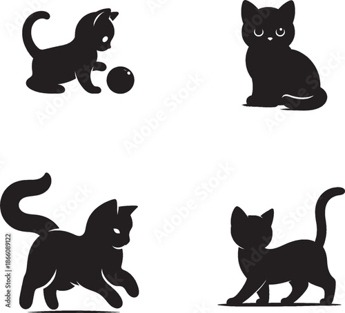 Black Silhouette of Four Playful Cats in Different Poses, Vector Illustration Set