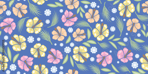 Tropical colorful hibiscus pattern. tropical floral pattern blooms blue motif, Hibiscus flower design. Summer fabric pattern.Hawaiian shirts. botanical motifs floral hibiscus design. blue color fabric