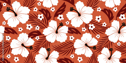 Tropical hibiscus pattern. tropical floral pattern blooms brown motif, Hibiscus flower design. Summer fabric patterns for Hawaiian shirts. botanical motifs floral hibiscus design.warm brown color.