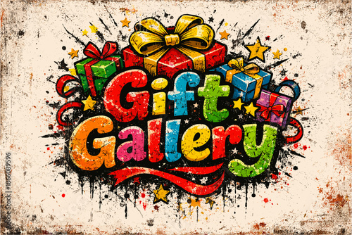 Vibrant gift gallery with presents and stars in grunge style