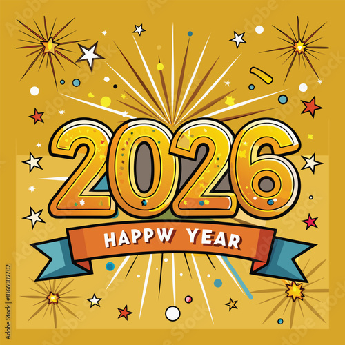 Happy New Year 2026 vector greeting with calligraphic gold glitter text.