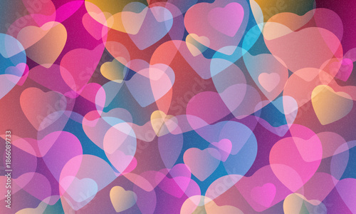 Pastel hearts background. Rainbow unicorn wallpaper for Valentine day. Magic fantasy girly gradient. Cartoon vector romantic illustration. Rainbow lens flare effect, camera film filter dust, grain.