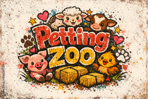 Adorable petting zoo animals in retro grunge art with cute farm animals