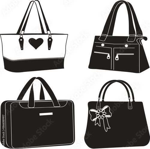 Stylish collection of women's fashion handbags, purses, and totes vector illustration