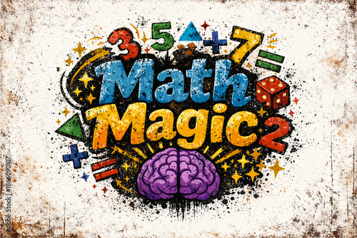 Colorful math magic with brain and numbers on grunge background