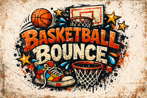 Grunge basketball art with energetic typography and retro elements