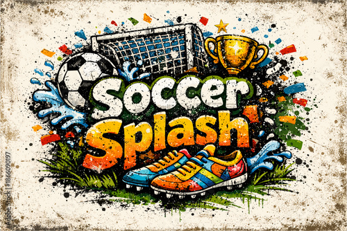 Colorful graffiti soccer art with trophy, ball, and goal elements