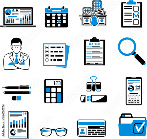 Auditing, Tax, Accounting two color icons set