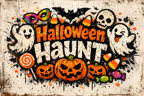 Spooky halloween haunt with pumpkins, ghosts, and candy in grunge style