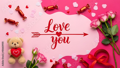 Love You Valentine Background with Rose Decorations