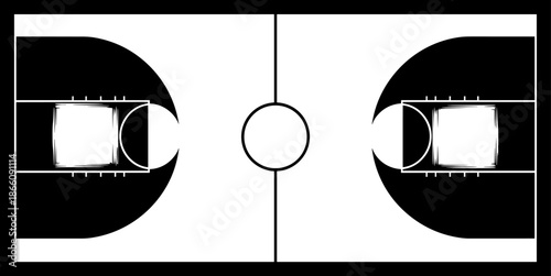 Basketball court top view vector illustration, indoor sports arena layout diagram, professional game field design, black and white schematic graphic