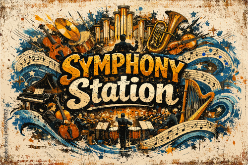 Vintage music festival poster with musical instruments and orchestra