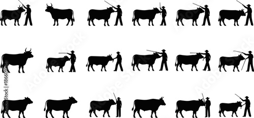 Bullfighting silhouette icon set, matador and bull action poses collection, flat black vector illustration for Spanish culture, festival design, traditional graphics