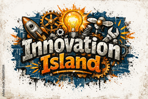 Innovation island: creative steampunk art with light bulb and gears