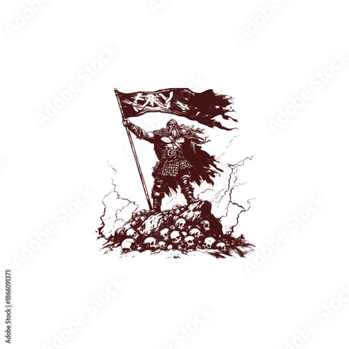 Vintage engraving of a powerful barbarian warrior standing on a mountain of skulls holding a flag.