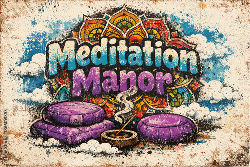 Rustic meditation retreat poster with vintage mandala and cushions