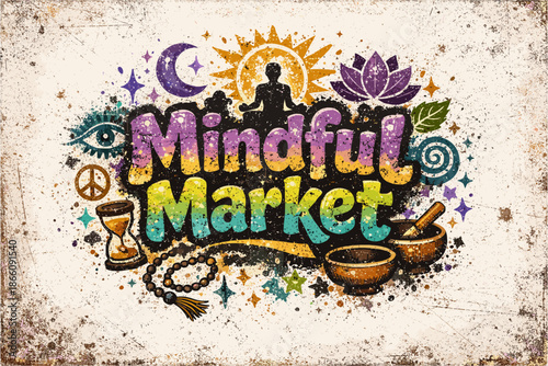 Vibrant mindful market with meditation and wellness icons in grunge style