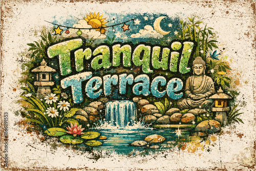 Vintage tranquil terrace with buddha statue and waterfall in grunge style