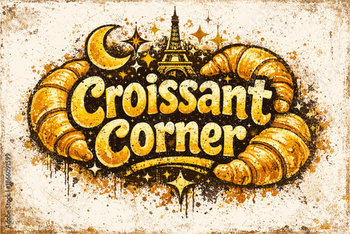 Vintage croissant corner design with parisian elements and grunge texture