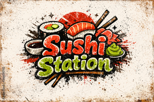 Grunge sushi station logo with sushi roll, chopsticks, and wasabi elements