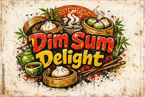 Vintage dim sum delight poster with steamed dumplings and teapot in grunge style