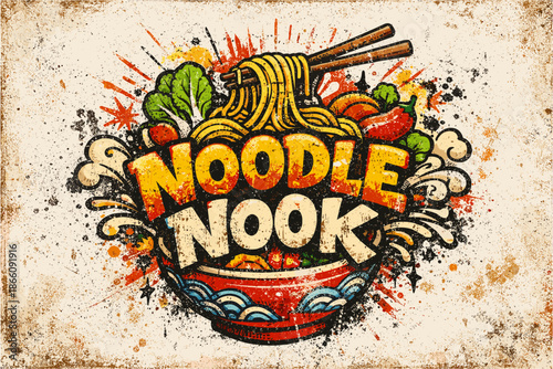Vintage noodle shop logo with rustic asian food bowl and chopsticks
