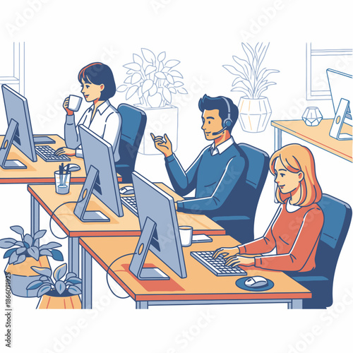 Vibrant 2D flat graphic illustration showing three young professionals busy working on adjacent ergonomic desks in a bright open plan office setting, multitasking with coffee, typing, and motion calls