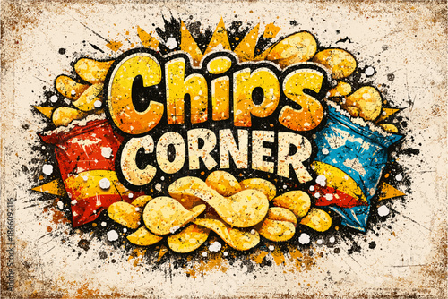 Vintage bold snack logo with grunge text and crispy chip art