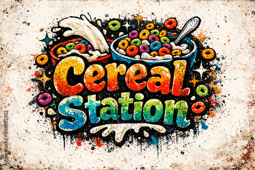 Colorful cereal splash art: retro pop breakfast design with milk and loops