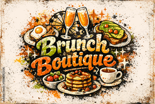 Vintage brunch boutique with pancakes, avocado toast, and coffee in retro style