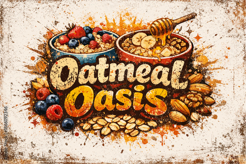 Delicious oatmeal breakfast with fresh fruits and nuts in retro style