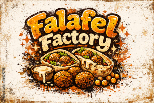 Falafel factory grunge style logo with textured background and delicious food illustrations