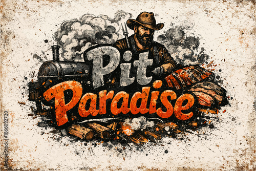 Rustic barbecue grunge design with smoker and cowboy chef
