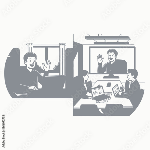 Flat 2D illustration of successful hybrid connectivity A remote employee waves from home office to two colleagues collaborating on a shared document in a corporate meeting room