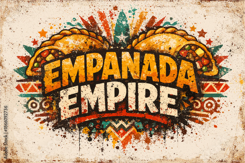 Rustic vintage mexican food poster featuring colorful empanadas and tribal patterns