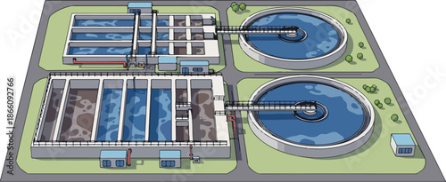 The water treatment process operates efficiently within an industrial urban environment with a complex system.