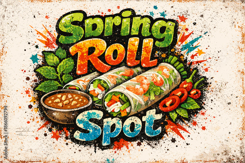 Vibrant spring roll design with fresh ingredients and dipping sauce