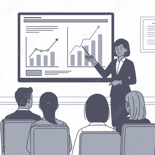 Flat 2D graphic illustration depicting a professional female manager giving a business presentation with growth charts on a screen to three attentive employees in a corporate training room