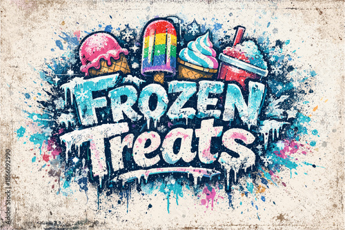 Colorful graffiti style frozen treats artwork with ice cream and popsicles