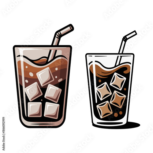 Refreshing iced coffee vector illustration with ice cubes and straws in glasses isolated on white background