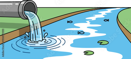 Water flows from pipe into purification system with filtration and heating process