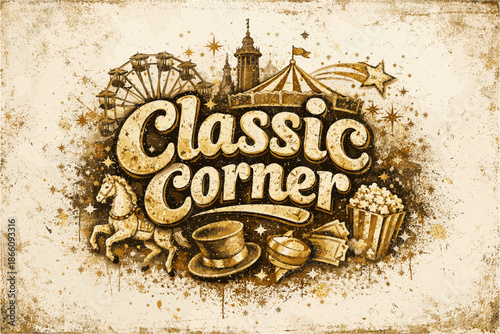 Vintage carnival funfair with rustic lettering and circus elements