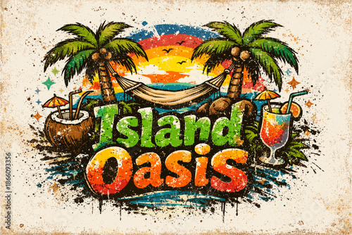 Retro tropical paradise: vibrant sunset and palm trees