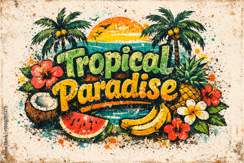 Tropical paradise vintage art with sun, flowers, and fruits