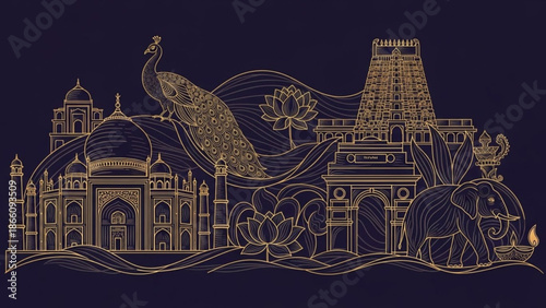 Golden line art of indian temple with peacock and lotus flowers on dark background, showcasing cultural architecture and wildlife with Asian architecture