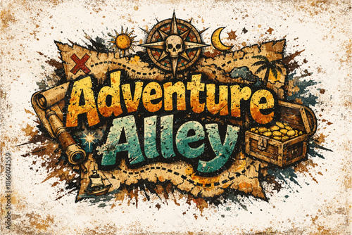 Adventure alley - vintage pirate themed treasure map artwork with rustic textures