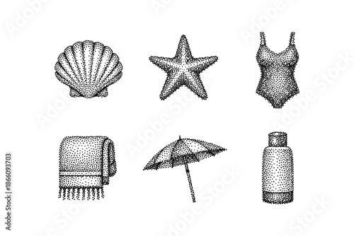 Vintage stipple beach icons set: shell, starfish, swimsuit, towel, umbrella, lotion