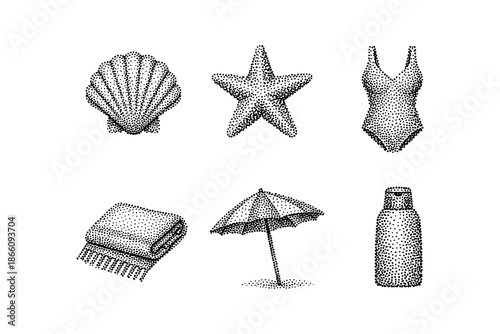 Halftone summer essentials: shells, starfish, swimsuit, towel, umbrella, sunscreen