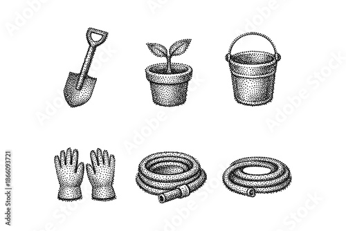 Gardening tools set with engraved style dotwork for horticulture and plant care