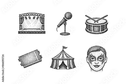 Vintage circus icons: microphone, stage, drum, tickets, tent, clown face in dot art style